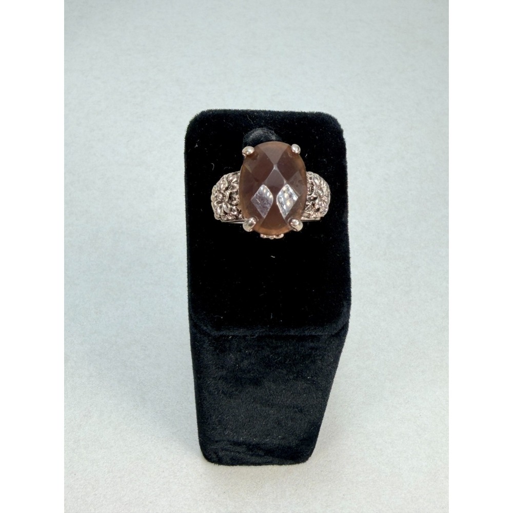 Vintage Smoky Brown Crystal Statement Ring Silver Tone Floral Cocktail Size 7.5